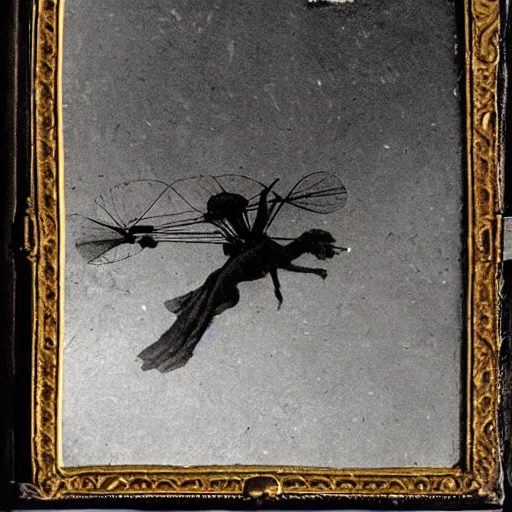 Image similar to 1800 photograph, daguerreotype, Leonardo Da Vinci's flying machine driven by a woman, High definition, volumetric light, detailed details,