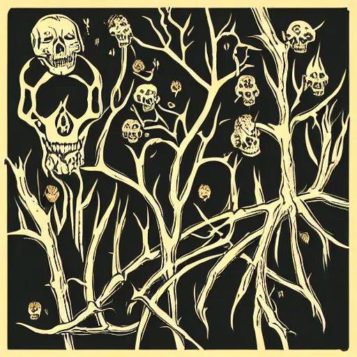 Image similar to dark death metal themed vector illustration for a record label, trees. forest, spikes, skull, microphone, skull, award winning, grunge, iconic, golden ratio