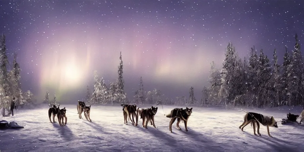 Image similar to a winter scene at night, northern lights, dog sled team, matte painting, high quality, trending on artstation