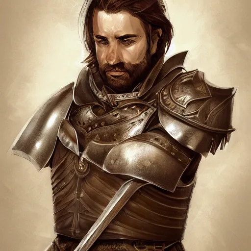 Prompt: realistic portrait, 30 year old man :: athletic, brown hair, metal armour, majestic, authority, sword :: high detail, digital art, RPG, concept art, illustration