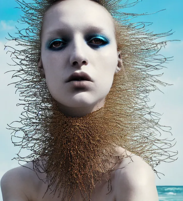 Image similar to photography face portrait of one stunning woman in white beach ocean, dress by iris van herpen, creative colorfull - makeup, curly hair style halflong, photography by paolo roversi nick knight, helmut newton, avedon, and araki, sky forest background, natural pose, highly detailed, skin grain detail