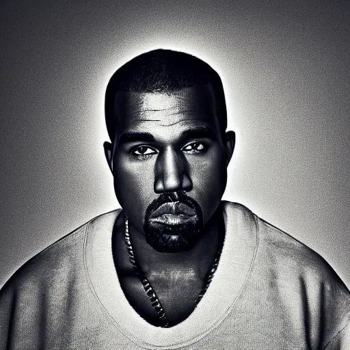 Image similar to the face of kanye west wearing yeezy clothing at 4 5 years old, portrait by julia cameron, chiaroscuro lighting, shallow depth of field, 8 0 mm, f 1. 8