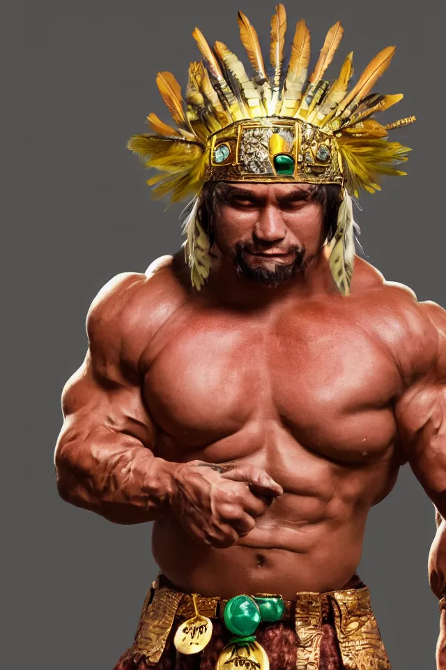 Prompt: A indigenous muscle man with skull head, gold and jade jewelry, feather crown, in the style of Z.W. Gu from trending on artstation, HD, Octane render, smooth, sharp focus, Anime style