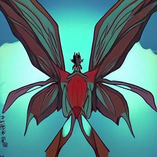 Prompt: photo of mothman with giant wings , cel animation by Manabu Oshashi and Satoshi Kon, professionally post-processed , beautiful, scary, symmetry accurate features, epic, octane rendered, anime masterpiece, accurate