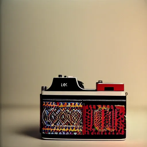 Image similar to a bright color photography of an ethnographic object in a white room, leica m 6