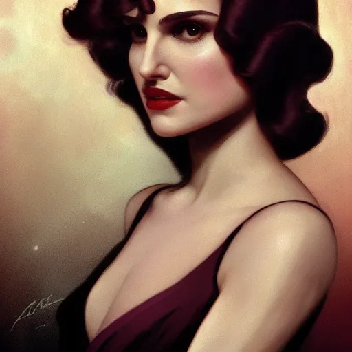 Image similar to a closeup portrait of a young natalie portman, 1 9 2 0 s, diva, femme fatale, detective thriller, gorgeous view, night, film noir, eerie, high detail, art by artgerm and greg rutkowski and alphonse mucha, digital art, trending on artstation