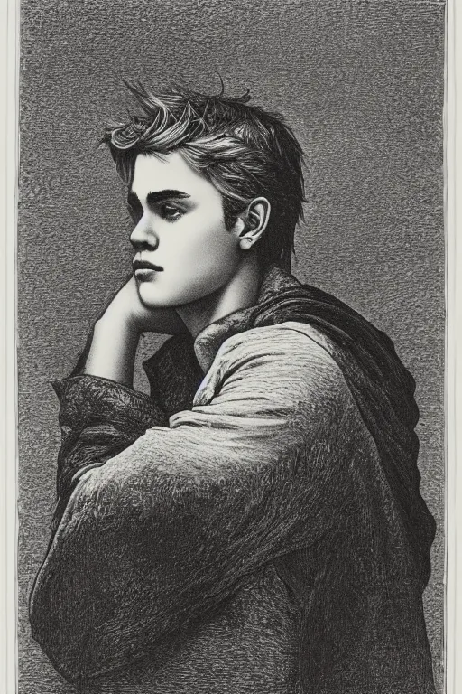 Image similar to portrait of Justin Bieber, Gustave Dore lithography