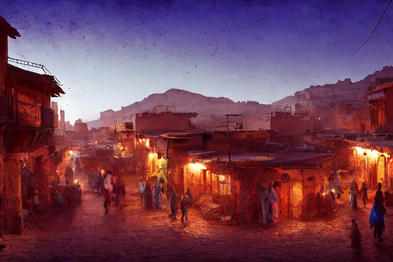 Prompt: in the middle of a adobe house kasbah town, mud and brick houses, merchant street, pueblo architecture, colorful crowd, festival. Scenic view at night, underexposed, clean horizon, matte painting by craig mullins and Anato_Finnstark, concept art trending on artstation, 4k, intricate details