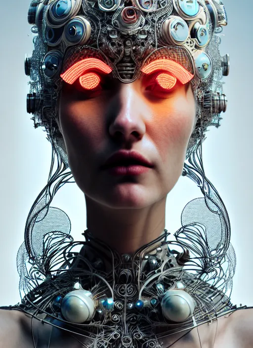 Image similar to portrait of an absurdly beautiful, graceful, sophisticated, fashionable cyberpunk mechanoid, hyperdetailed illustration by irakli nadar and alexandre ferra, intricate linework, white porcelain skin, faberge, coral headdress, unreal engine 5 highly rendered, global illumination, radiant light, detailed and intricate environment