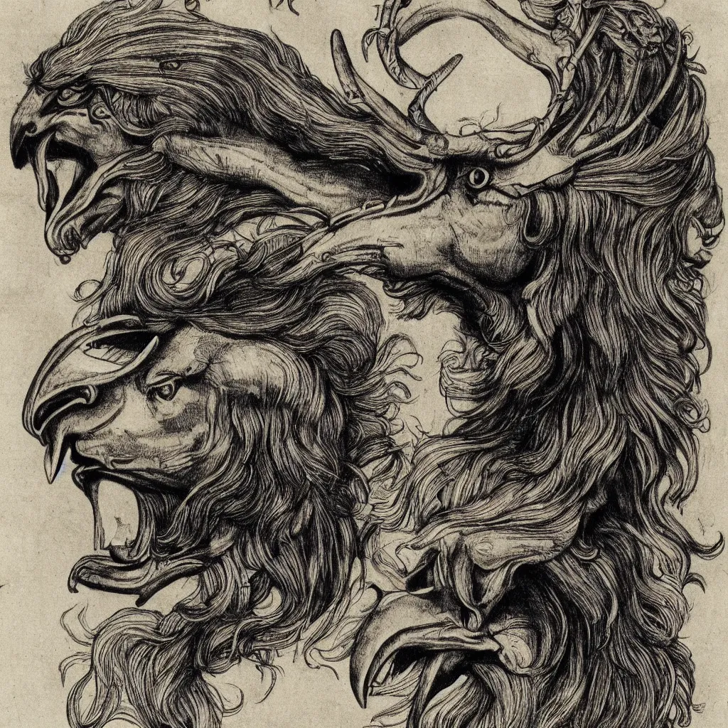 Image similar to human / eagle / lion / ox hybrid. horns, beak, mane, human body. drawn by da vinci