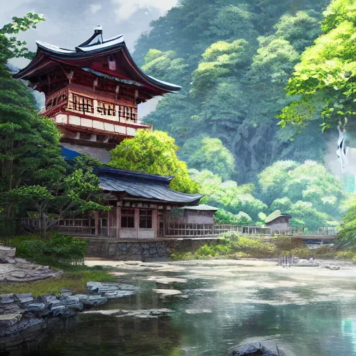 Prompt: concept art painting of a historic mill with japanese architecture, by a river in a woodland village surrounded by trees and mountains, realistic, detailed, cel shaded, in the style of makoto shinkai and greg rutkowski and james gurney