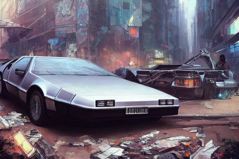 Image similar to photograph of the delorean, with a sleek spoiler, driving down the streets of a cyberpunk abandoned city, by greg rutkowski, by stanley artgerm, by alphonse mucha