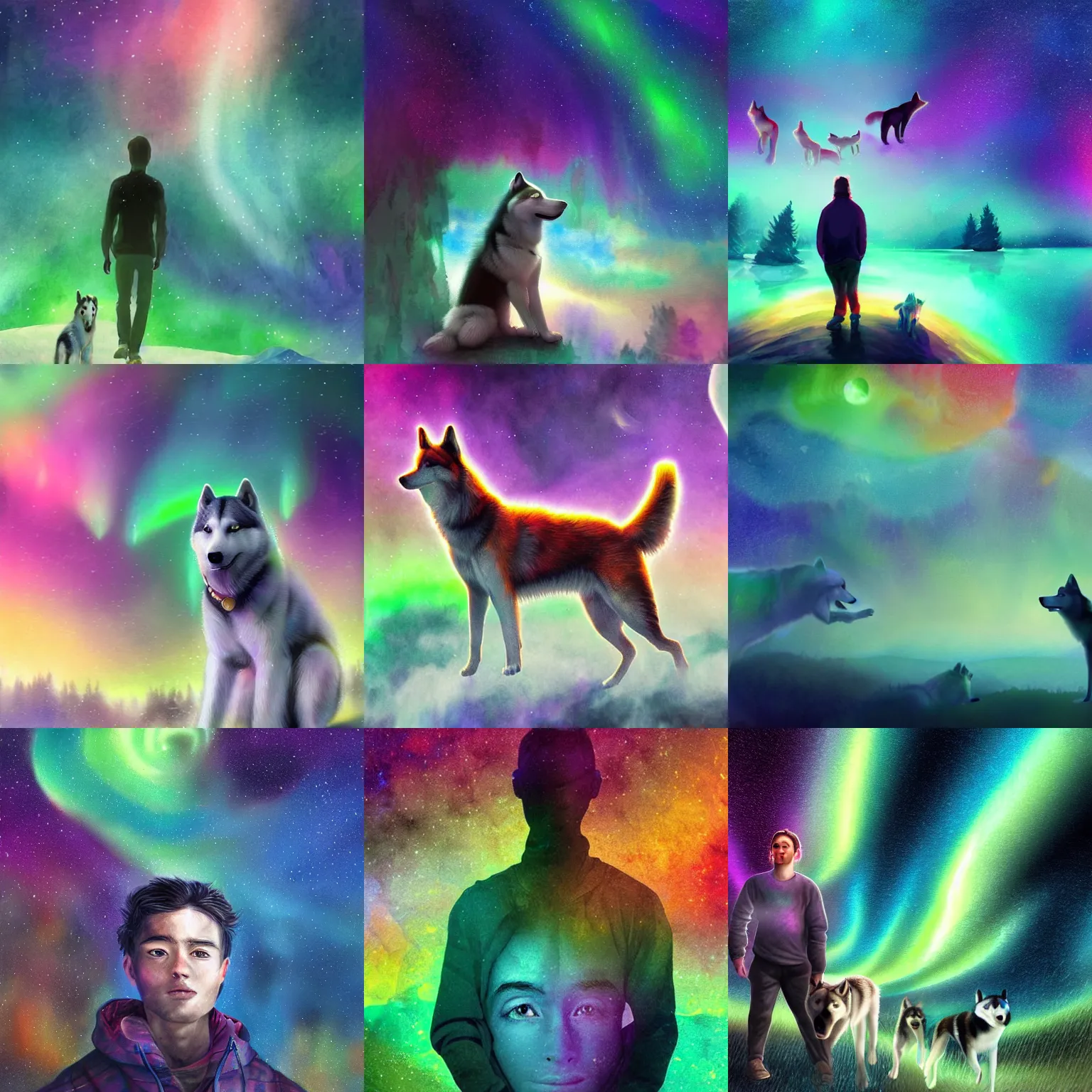 Prompt: young human male surrounded by an aura of emotions with huskies floating above him, rich iridescent colors, digital art, very detailed, watercolor, aurora borealis, 4 k hd