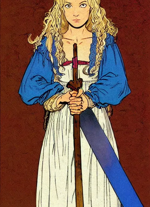 Image similar to young woman in medieval clothing, blue eyes and blond hair, a ribbon in her hair, armed with a sword. art by moebius,