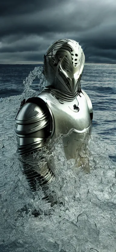 Image similar to suit of armor made of liquid, rising up from lake, water armor, norway fjord, medium close up portrait, water armor, studio lighting, stormy seas, beautiful, bokeh, snowy, storm clouds, god rays, d & d, fantasy, elegant, low key color palette, concept art, roger deakins and greg rutkowski and alphonse mucha