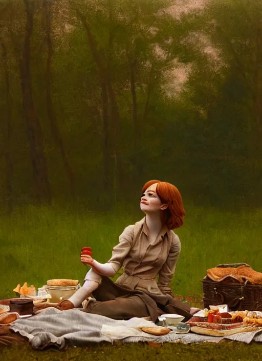 Image similar to portrait bust of emma stone having a picnic with tom holland, solemn expression, faded color film, russian cinema, tarkovsky, kodachrome, old cabin, next to window, heavy forest outside, long brown hair, old clothing, heavy fog, hudson river school, 4 k, dramatic lighting, greg rutkowski