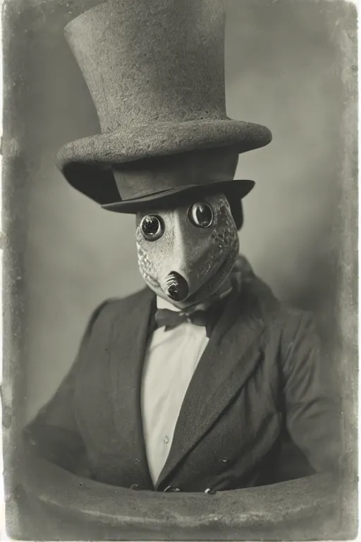 Image similar to a wet plate photo of an anthropomorphic sing and dancing vaudeville frog, porkpie hat