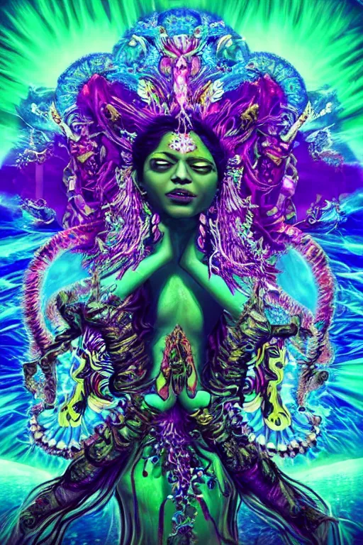 Image similar to overdetailed hyper-maximalist fullbody portrait of a beautiful female energy being reminds to kali with many arms, dancing and transcending to her true form while floating over a surreal landscape. Made by oozium, inspired by luminokaya, overworked by yuvrajimaginaria. 8k 3d realistic render. Bright, sacred, spiritual, dawn, backlit, calm, relaxed, dynamic, ethereal, arcane, intricate, mysterious, dramatic, cinematic. Seen from below. Slightly influenced by sacred geometry and fractal art on deviantart. Artstation. Vectron render