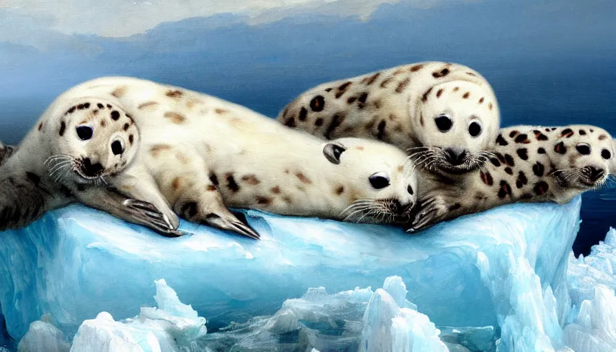 Image similar to highly detailed painting of cute furry white baby seal leopards cuddling into each other on a blue and white iceberg by william turner, by greg rutkowski, by william constable, thick brush strokes and visible paint layers, 4 k resolution