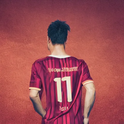 Image similar to a photography of Lionel Messi wearing a Bayern Munich jersey, red background, full body shot, studio lighting, realistic