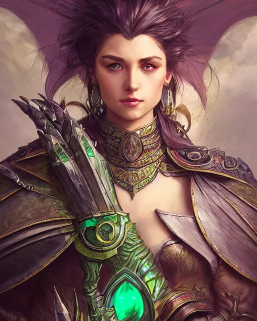 Image similar to Portrait of a Fantasy emerald knight, moonlit, HD, illustration, epic, D&D, fantasy, intricate, elegant, highly detailed, digital painting, artstation, concept art, smooth, sharp focus, illustration, art by artgerm and greg rutkowski and alphonse mucha, monster hunter illustrations art book