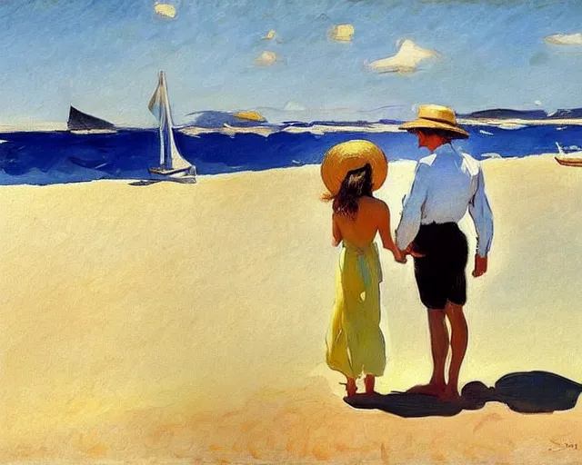 Image similar to a couple and a girl toddler on a beach in sardinia looking at a sailing boat, the man is wearing a panama hat, the woman has long dark hair, white sand, blue sky, summer, white and blue, painting by joaquin sorolla