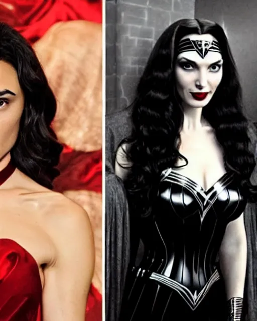 Image similar to Gal Gadot dressed as Morticia Adams, she has beautiful alabaster white skin, and Ruby red Lips, she is in a creepy Victorian era mansion