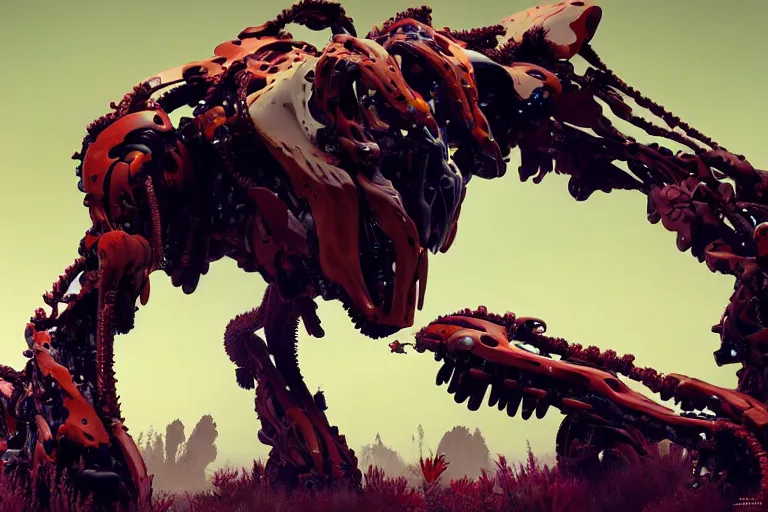 Image similar to portrait of a posed hyper detailed complex, plowhorn evangelion realistic mechanical and fleshy organic creature similar look as horizon forbidden west horizon zero dawn bioluminiscence in a dark deep forest at dawn in spring, with reflection and textures, by kilian eng, substance painter reaslitic mech surface metal painted scratches