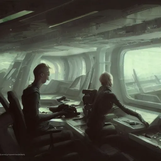 Image similar to concept art by greg rutkowski, a very tall, and slender woman with blond hair, sitting with the crew in the ship's flight deck, brutalist futuristic interior, dark lighting atmosphere, detailed portraits, nostalgic atmosphere, scifi, digital painting, artstation, concept art, smooth, sharp foccus ilustration, artstation hq