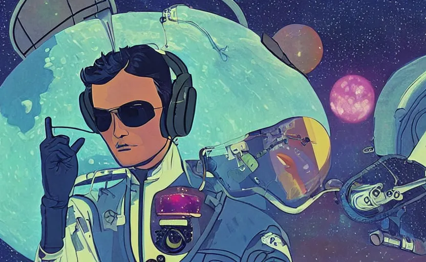 Image similar to a portrait of Alain Delon pilot in spacesuit headphones in pacing on field forrest spaceship station landing laying lake artillery outer worlds shadows in FANTASTIC PLANET La planète sauvage animation by René Laloux