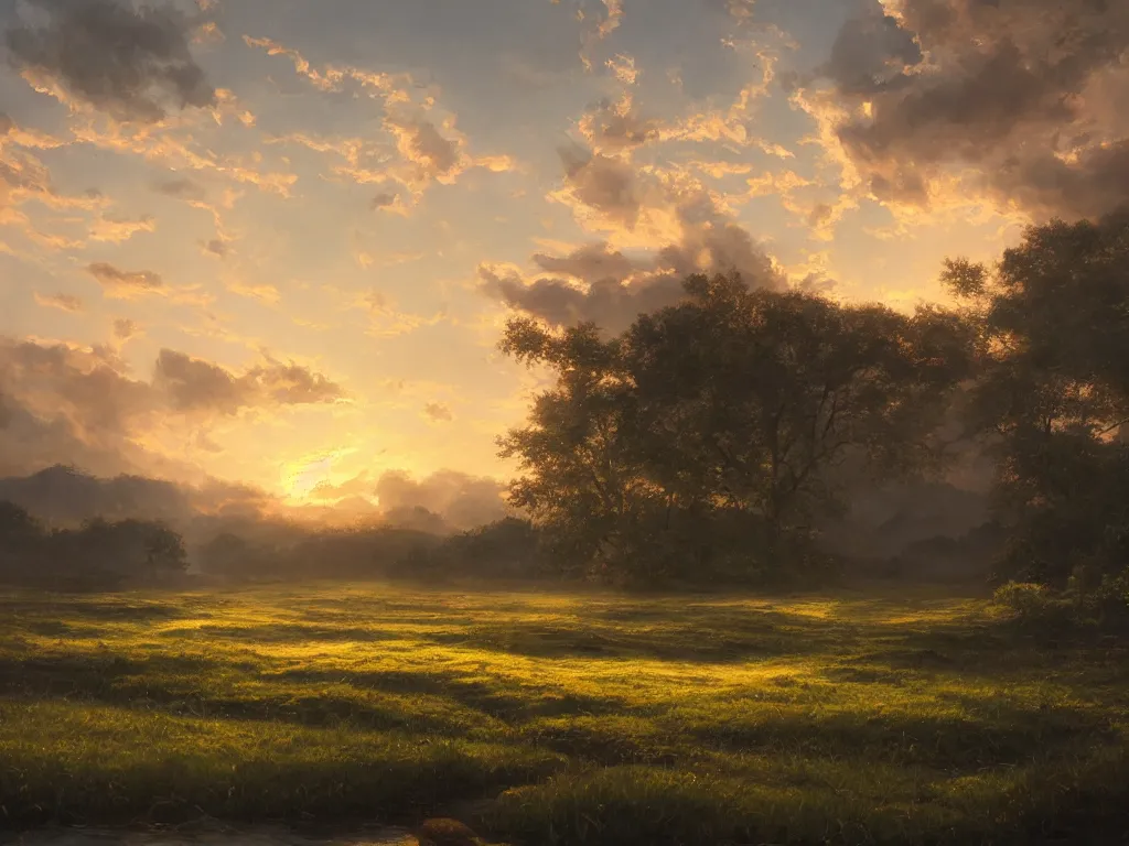 Prompt: a oil painting of a serene landscape with a wasted way, west wing, at sunset, concept art, octane render, unreal engine 5, trending on deviantart, highly detailed, high quality, oil painting, digital painting, masterpiece, hyperrealistic, breathtaking landscape, soft lighting, godrays, complementary colors, natural lighting