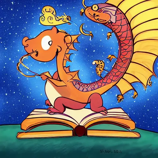 Image similar to cute dragon reading a book under the stars, detailed, digital art