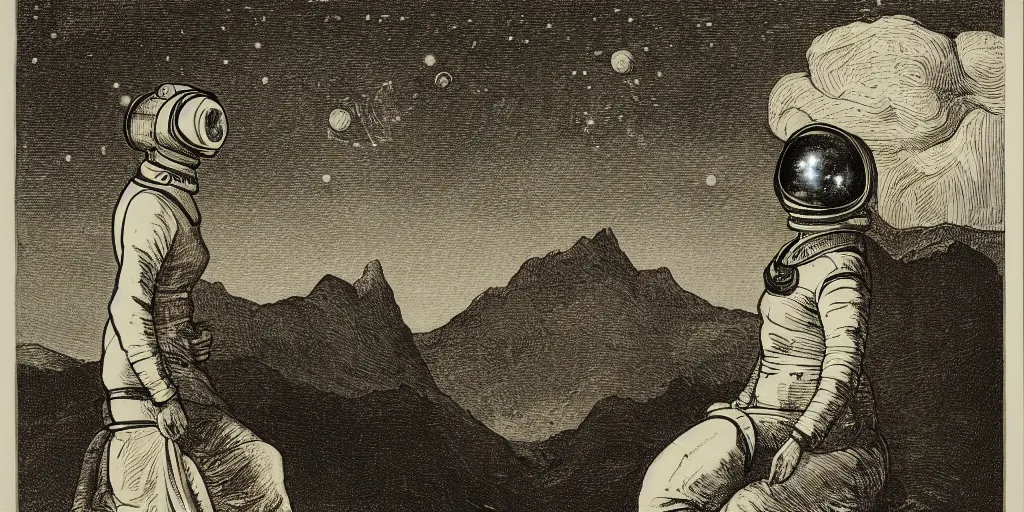 Image similar to portrait of a slim woman wearing a space helmet on an alien planet, clouds visible, stars in the sky, mountains, etching, in the style of Goya