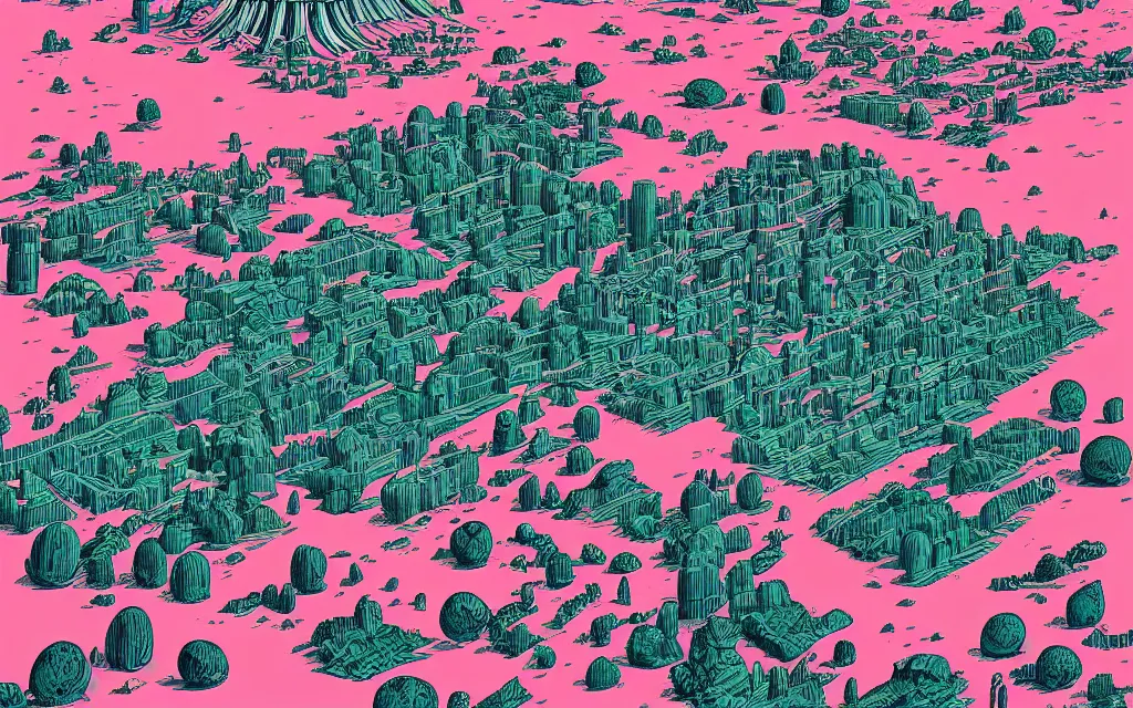 Image similar to very detailed, ilya kuvshinov, mcbess, rutkowski, illustration of a dense green alien megacity on a desert planet, alien architecture, seen from above, colorful, deep shadows, astrophotography