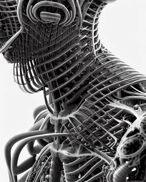 Image similar to mythical black and white organic biomechanical spinal ribbed face portrait detail of mechanical vegetal-cyborg, highly detailed, intricate ornate, 3D render digital art, octane render, 8K artistic photography, photorealistic