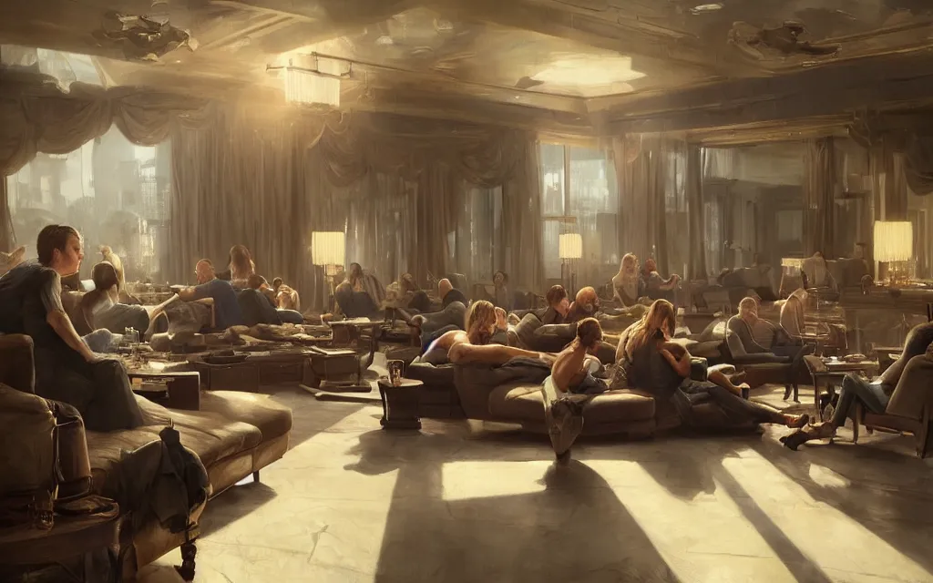 Image similar to epic masterpiece of cinematographic hyperrealism where a lot of people communicating with each other in a large lounge. realistic shaded lighting poster by craig mallismo, artgerm, jeremy lipkin and michael garmash, unreal engine, radiant light, detailed and intricate environment, digital art, art station trends