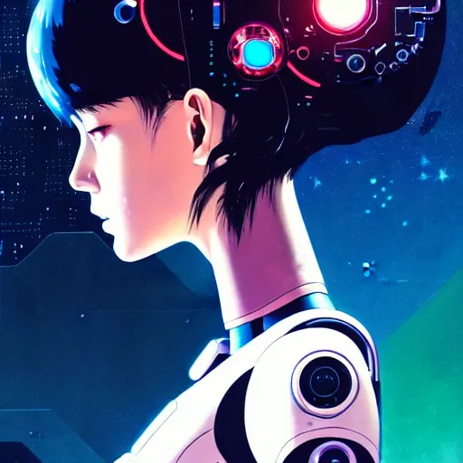 Image similar to side portrait scifi cyborg girl with robotic parts and spacesuit | | head only in center of image, audrey plaza, fine detail!! anime!! realistic shaded lighting!! poster by ilya kuvshinov katsuhiro otomo ghost - in - the - shell, magali villeneuve, artgerm, jeremy lipkin and michael garmash and rob rey