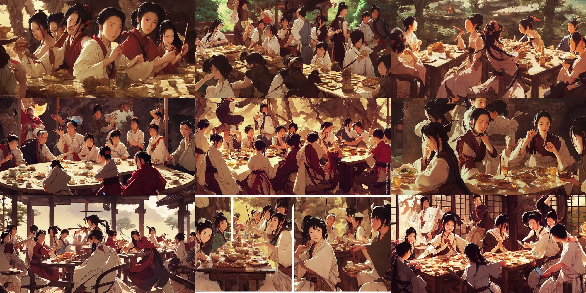 Prompt: wuxia, tavern, eating lunch, in the style of studio ghibli, j. c. leyendecker, greg rutkowski, artem