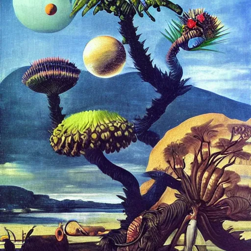 Image similar to the landscape of an alien planet with strange plants and impossible animals. Painting in the style of Caravaggio. Beautiful and colorful.