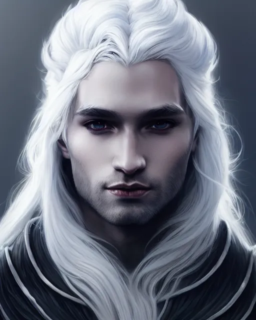 Image similar to portrait, beautiful male drow, long wavy white hair, super detailed, light black armor with silver accenting, silver jewelry, fur lined cape, 8 k, filmic, octane render, sunlight, clouds, artstation, greg rutkowski, rossdraws, william bouguereau, sharp focus