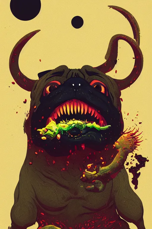 Image similar to demon pug eating flesh. art by mike winkelmann, sticker, colorful, illustration, highly detailed, simple, smooth and clean vector curves, no jagged lines, vector art, smooth