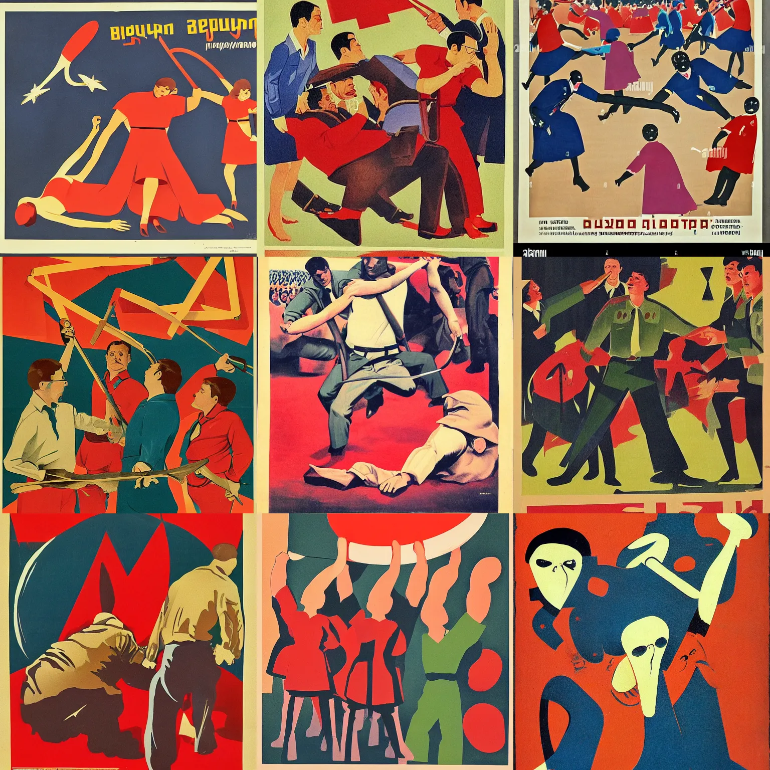 Prompt: bullying, the victim is in the center, around the bullers are swinging up boomerangs. soviet poster, illustration