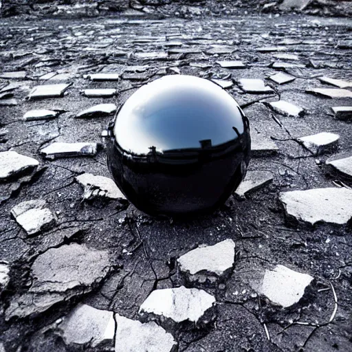 Image similar to A giant shiny black sphere, crashed in the ground, cracks, gas fire in cracks, viewed from the side, hd photograph