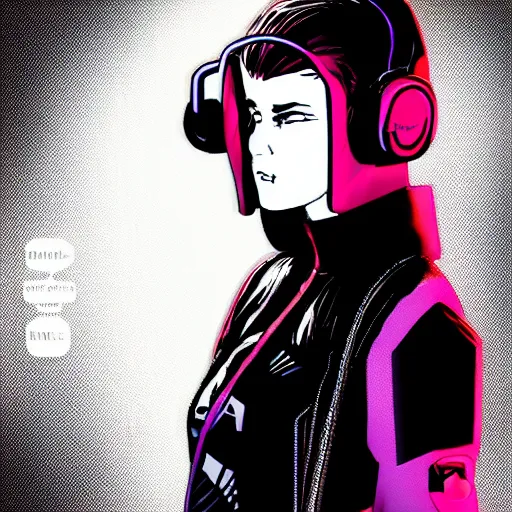 Prompt: jujitsu niki. beautiful cyberpunk assassin wearing a cyberpunk headset and tactical gear. in style of moebius and laurie greasley.