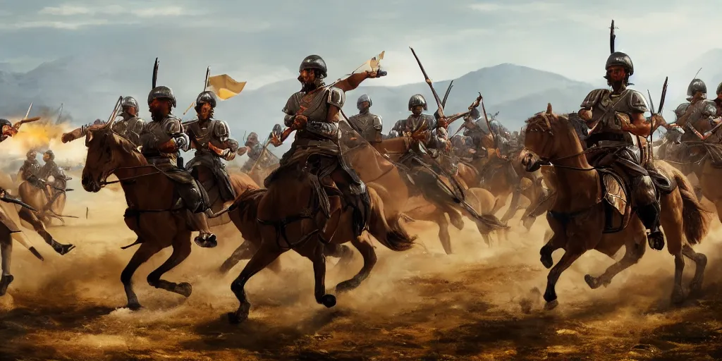 Prompt: a battlefield scene of persian cavalry charging on horseback to attack a greek army defending in phalanx formation, mid action shot cinematic artwork of a battle scene by greg rutowski, masterpiece, 4 k