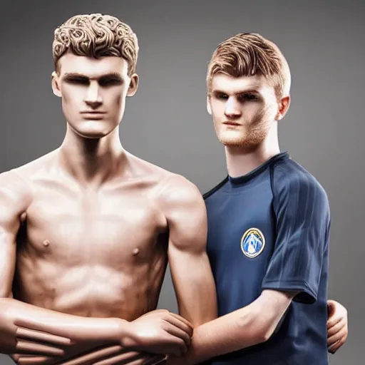 Image similar to a realistic detailed photo of a guy who is an attractive humanoid who is half robot and half humanoid, who is a male android, soccer players martin ødegaard & timo werner, shiny skin, posing like a statue, blank stare, in a lab, on display, showing off his muscles, gold soccer shorts, side view, repairing the other one