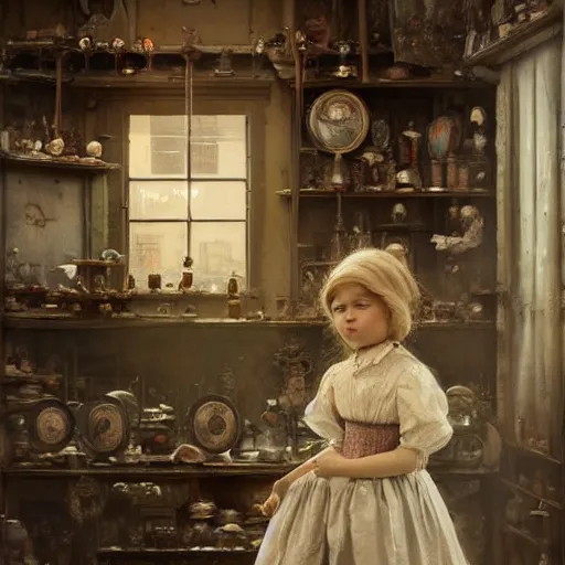 Image similar to human child standing in a victorian doll maker's shop looking at all of the dolls, high detail, digital art, painted by greg rutkowski, painted by seb mckinnon, trending on artstation