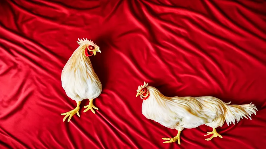 Prompt: A Extremely Stunning Detailed Full body picture of a singular isolated Chicken, lays down across the bed horizontally wearing a red dress while laying on a red Satin bed looking directly at you. 85mm, award winning