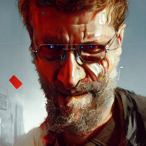 Prompt: henry dorsett case, middleaged shaggy guy, smoker, hacker, cyberpunk, painted by seb mckinnon, high detail, dramatic light, digital art, painted by greg rutkowski, promotional movie posterart, trending on artstation