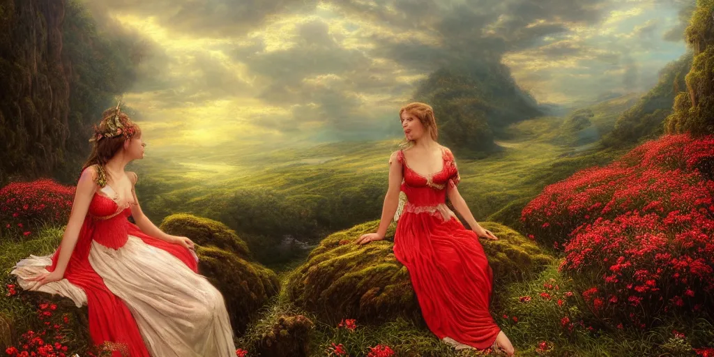 Image similar to an elegant fairy queen in a red lace dress sitting and looking out at a lord of the rings scenery landscape, vast lush valley flowers and giant mushroom structures, river, sunrise, god's rays highly detailed, vivid colour, soft clouds, floral sunset, cinematic lighting, perfect composition, 8 k, gustave dore, derek zabrocki, greg rutkowski, belsinski